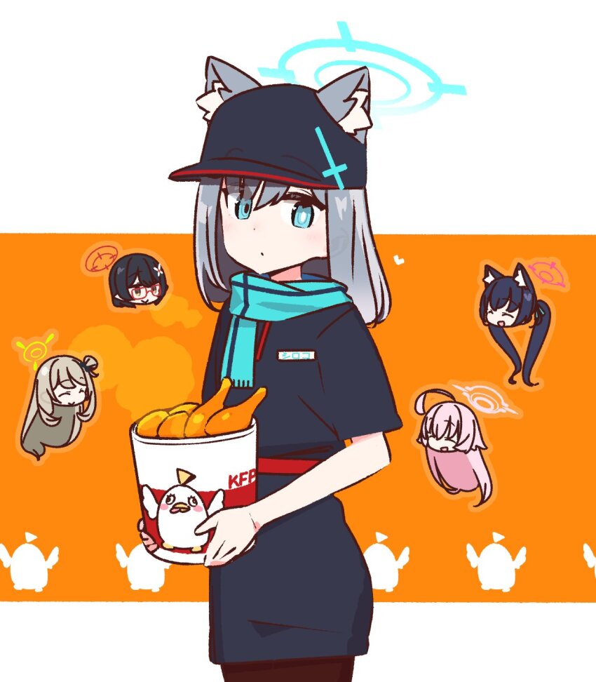 5girls animal_ears ayane_(blue_archive) blue_archive blue_eyes blue_halo commentary_request foreclosure_task_force_(blue_archive) grey_hair halo hat heterochromia highres hoshino_(blue_archive) kfc looking_at_viewer multiple_girls nonomi_(blue_archive) peroro_(blue_archive) pink_halo red_halo scarf serika_(blue_archive) shiroko_(blue_archive) standing wolf_ears yellow_halo yoru_nai