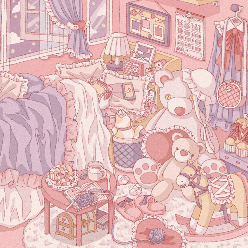 1girl absurdly_detailed_composition alarm_clock bear book box cable_knit cake calendar_(object) clock commentary cup curtains desk_lamp dress food frilled_pillow frills game_console handheld_game_console hat highres holding holding_handheld_game_console indoors knitting_needle lamp loaded_interior neckerchief needle nekomaru0817 open_book open_window original pillow pink_bag pink_slippers pink_theme pony_(animal) purple_dress purple_sky radio red_neckerchief scenery shoes sky slippers solo spoon star_(sky) stuffed_animal stuffed_toy symbol-only_commentary teddy_bear under_covers white_hat window yellow_shoes