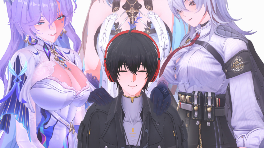 1boy 3girls abilfloridaarts absurdres blue_hands blush breast_curtains breasts cantarella_(wuthering_waves) colored_inner_hair crown_of_thorns fleurdelys_(wuthering_waves) floating_crown gloves hair_ornament highres holding horns large_breasts long_hair long_horns long_sleeves male_rover_(wuthering_waves) multicolored_hair multiple_girls pointy_ears rover_(wuthering_waves) single_horn size_difference smile surrounded_by_breasts tabard tacet_mark_(wuthering_waves) white_tabard wuthering_waves zani_(wuthering_waves)