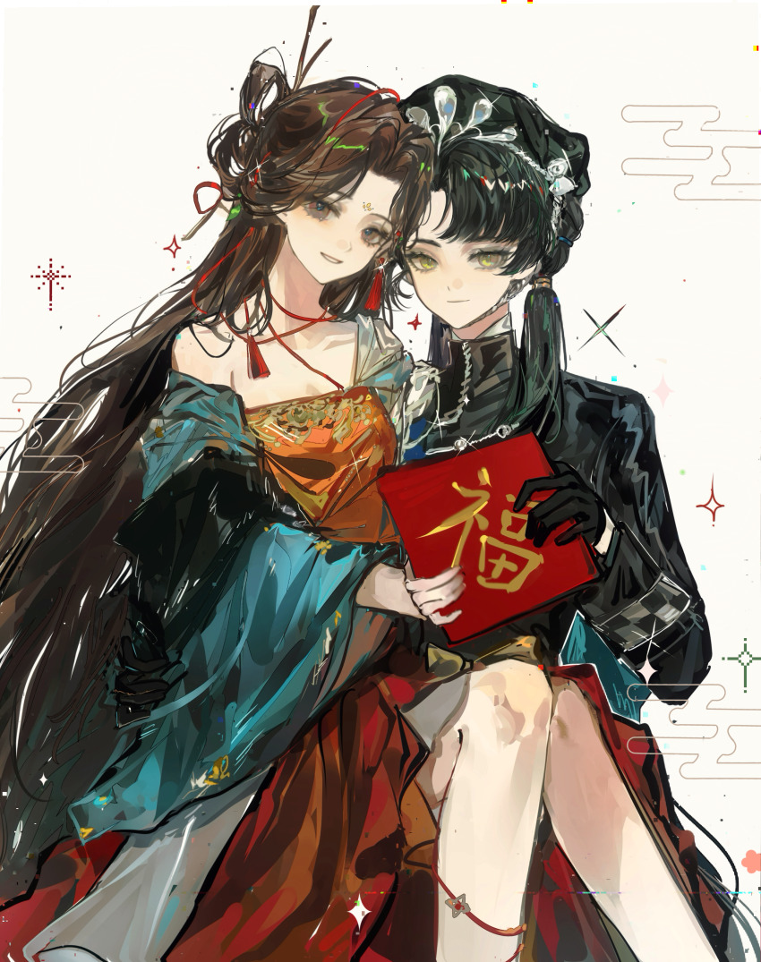 2girls absurdres beret black_dress black_gloves black_hair black_hat brown_eyes carrying carrying_person doufang dress feet_out_of_frame gloves good_fortune_symbol green_sleeves grin hat highres holding jiu_niangzi liang_yue_(reverse:1999) long_hair looking_at_viewer low_twintails medium_dress multiple_girls police police_uniform policewoman red_dress reverse:1999 single_bare_shoulder single_off_shoulder smile sparkle twintails upper_body weiyan_(nbnbmwnl) white_background wide_sleeves yellow_eyes