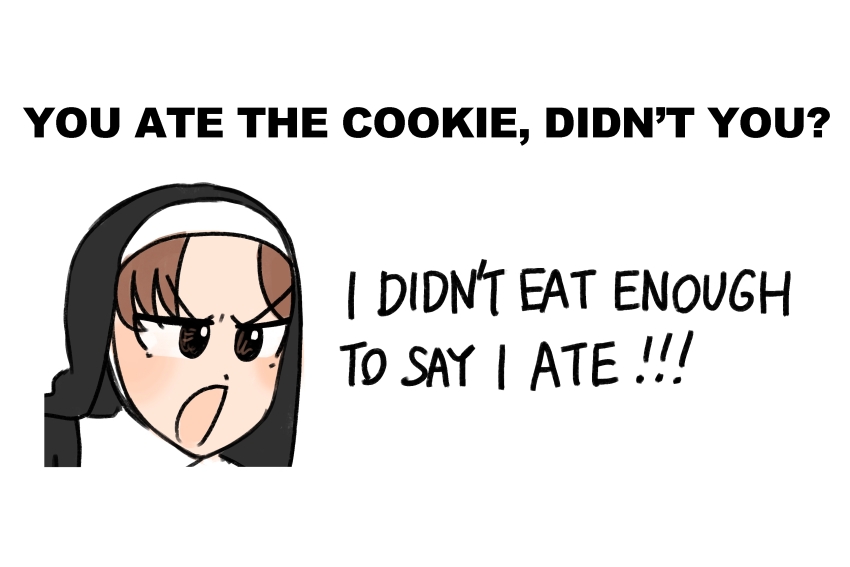 1girl :o absurdres brown_eyes brown_hair commentary diva_(hyxpk) english_commentary english_text habit highres hungry_nun_(diva) little_nuns_(diva) nun portrait simple_background solo v-shaped_eyebrows white_background