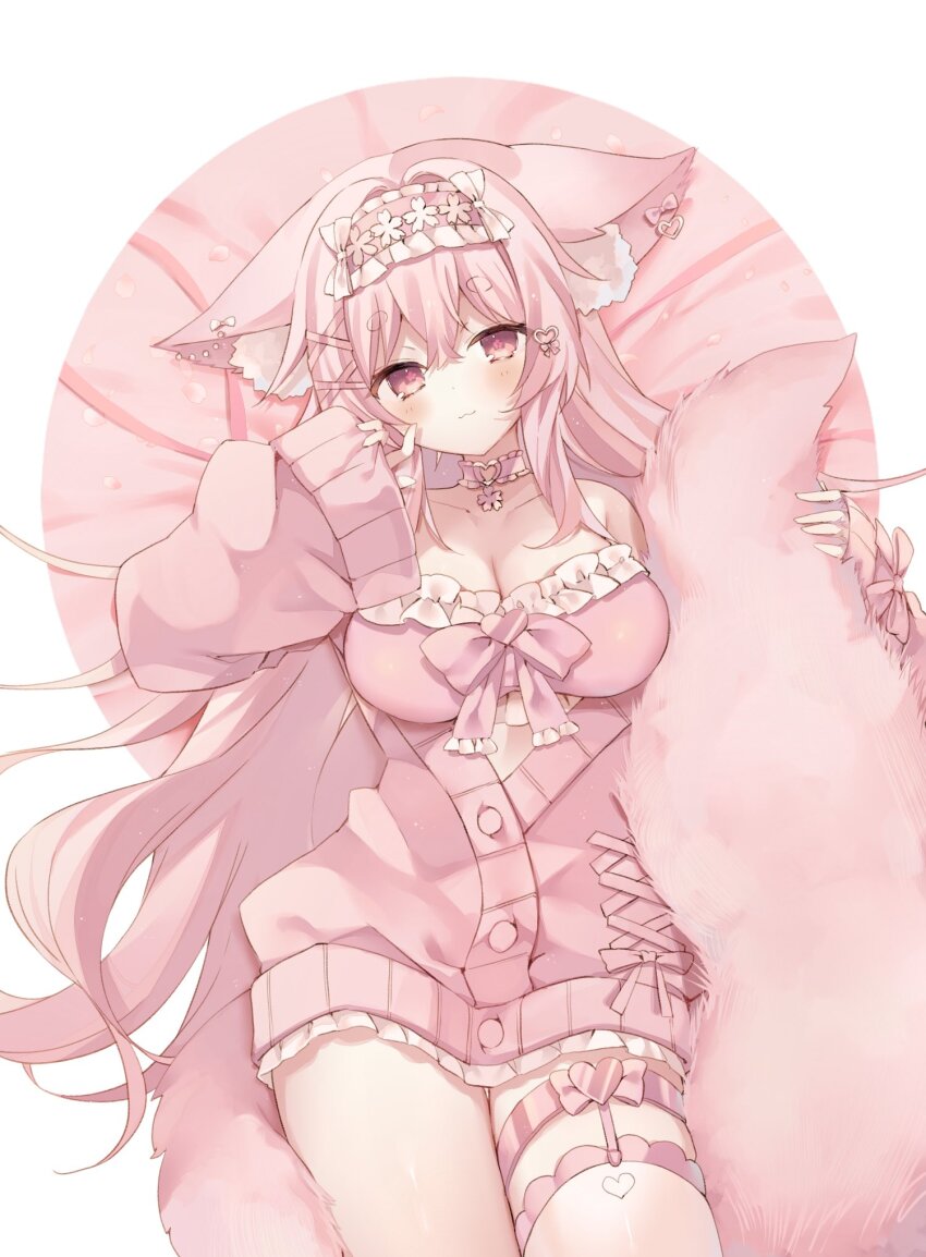 1girl animal_ear_piercing animal_ears asymmetrical_legwear bra breasts cardigan choker cleavage commission double-parted_bangs eyebrows_hidden_by_hair fox_ears fox_girl fox_tail frilled_bra frilled_choker frilled_hairband frills garter_straps hairband highres holding_own_tail indie_virtual_youtuber large_breasts long_hair looking_at_viewer lying momochiru on_back open_cardigan open_clothes pink_bra pink_cardigan pink_choker pink_eyes pink_hair pink_hairband rento_(rukeai) second-party_source short_eyebrows sidelocks single_garter_strap single_thighhigh skeb_commission solo tail thick_eyebrows thighhighs underwear very_long_hair virtual_youtuber white_thighhighs