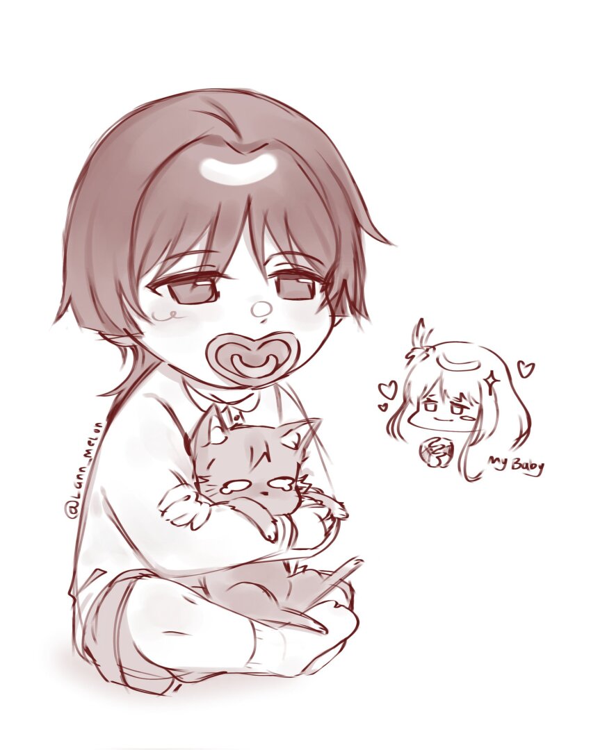 1boy 1girl aged_down animal blunt_ends blush_stickers cat child closed_mouth disembodied_hand disembodied_head empty_eyes english_text genshin_impact heart highres holding holding_animal holding_cat indian_style interlocked_fingers lann_melon light_blush long_hair long_sleeves looking_at_another looking_past_viewer mother_and_son own_hands_together pacifier parted_bangs raiden_shogun scaramouche_(genshin_impact) sepia shirt shorts single_sidelock sitting smile socks twitter_username wispy_bangs