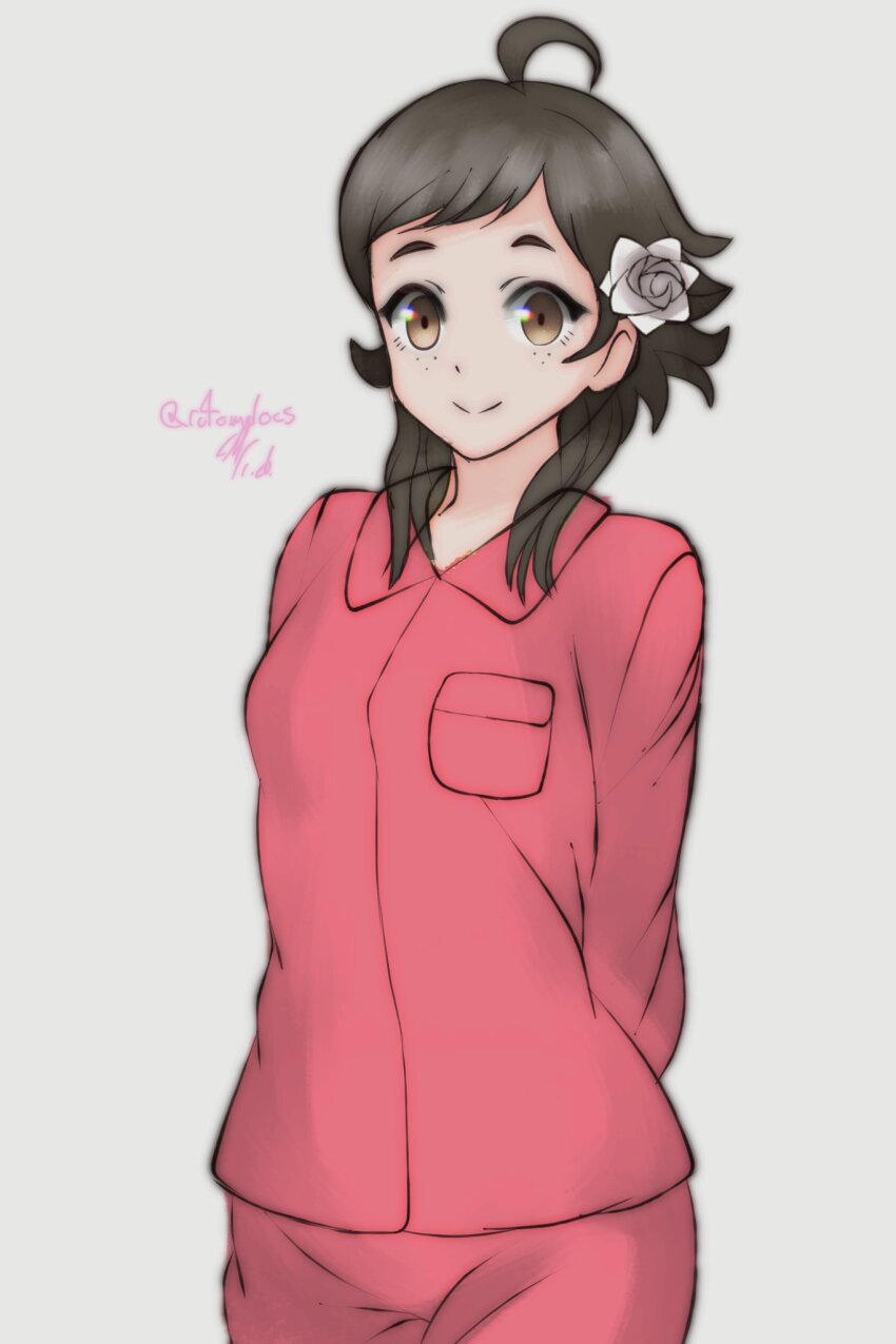 1girl alternate_costume brown_eyes brown_hair commission fire_emblem fire_emblem_fates flower freckles hair_flower hair_ornament highres looking_at_viewer mozu_(fire_emblem) nintendo pajamas pink_pajamas rotomdocs smile solo