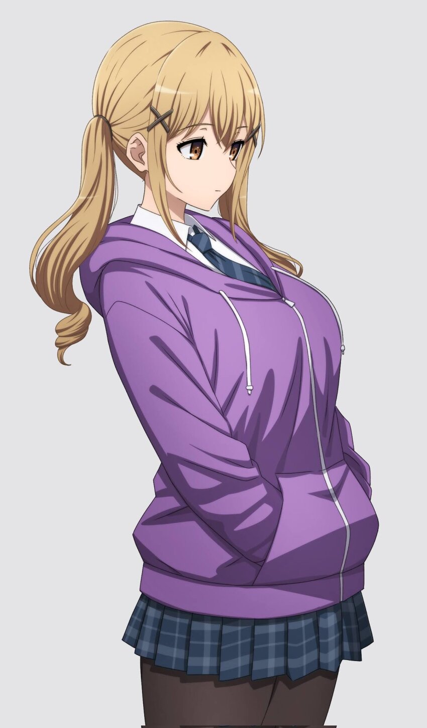 1girl bang_dream! black_pantyhose blue_necktie blue_skirt breasts brown_eyes brown_hair commentary corrupted_twitter_file cowboy_shot diagonal-striped_clothes diagonal-striped_necktie grey_background hair_ornament hands_in_pockets highres hood hood_down hooded_jacket ichigaya_arisa jacket large_breasts long_hair necktie noshimurin official_alternate_costume pantyhose pleated_skirt purple_jacket shirt sidelocks simple_background skirt solo striped_clothes twintails white_shirt x_hair_ornament