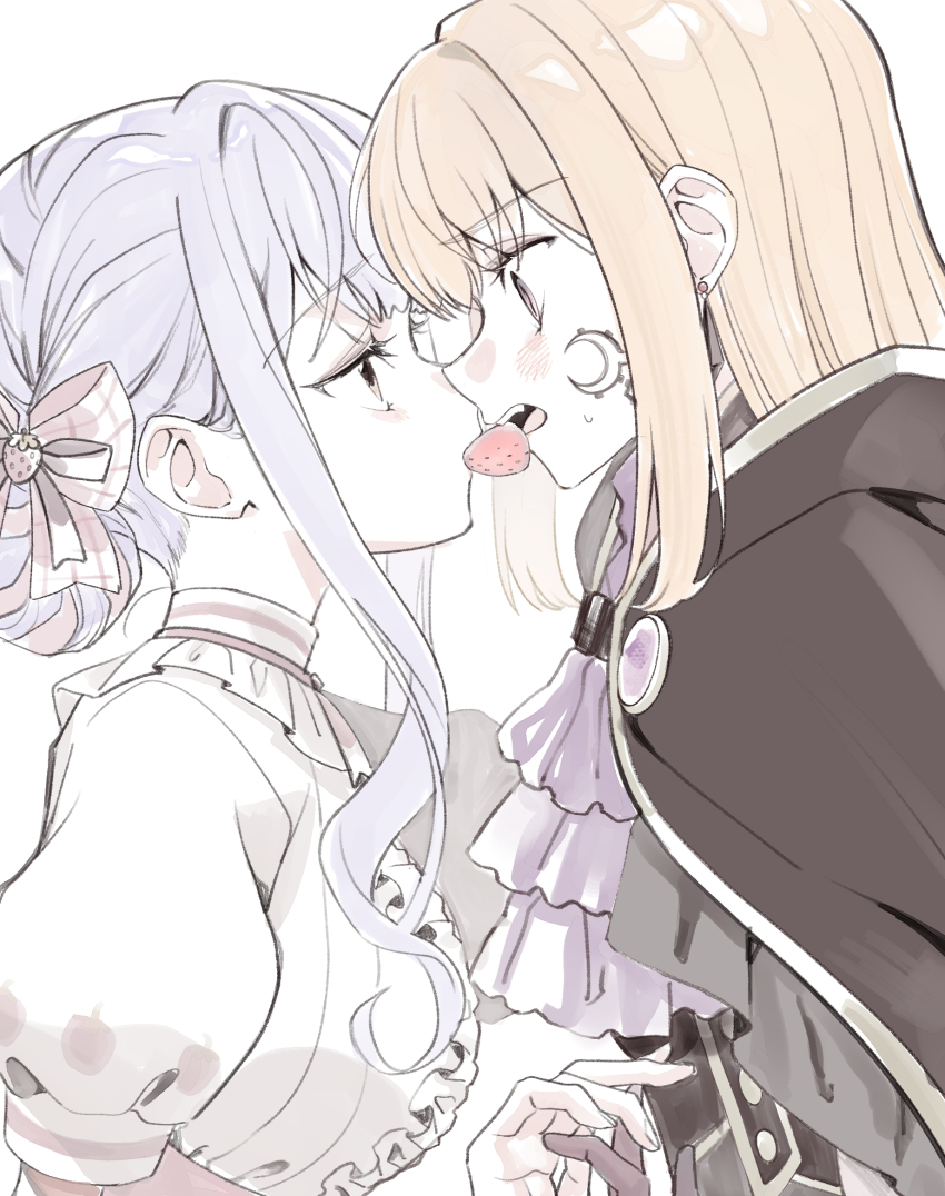 2girls aver_(yumenokessho) bang_dream! bang_dream!_it&#039;s_mygo!!!!! blonde_hair cape ccc_cloudy commentary_request crescent crescent_facial_mark doloris_(bang_dream!) dress eye_contact facial_mark food fruit gloves hair_ribbon highres holding_hands long_hair looking_at_another misumi_uika multiple_girls open_mouth pink_eyes purple_hair ribbon shared_food simple_background strawberry togawa_sakiko white_background yumenokessho yuri
