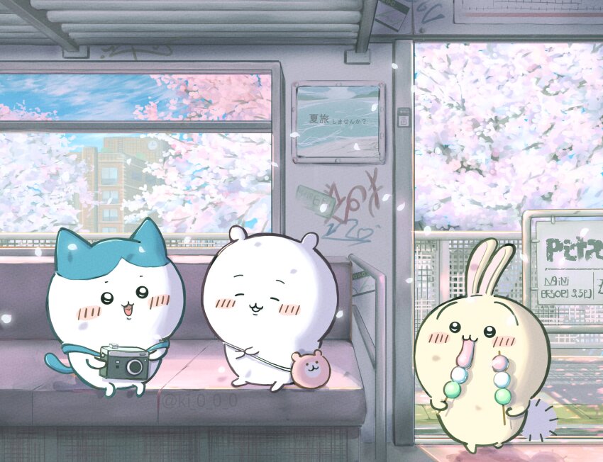 :3 :d absurdres animal_bag animal_ears artist_name bag bear_bag black_eyes blush_stickers camera cherry_blossoms chiikawa chiikawa_(character) closed_eyes closed_mouth commentary dango eating fence food hachiware_(chiikawa) highres holding holding_camera holding_food moromi_(kscd4482) no_humans open_mouth sign sitting smile symbol-only_commentary tail train_interior tree twitter_username usagi_(chiikawa) wagashi