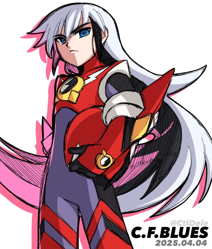 1boy armor black_bodysuit black_hair blue_eyes bodysuit character_name cowboy_shot cross_fusion ctldele eugene_chaud_(mega_man) grey_bodysuit helmet highres holding holding_helmet long_hair male_focus mega_man_(series) mega_man_battle_network mega_man_battle_network_(anime) multicolored_hair protoman.exe red_armor red_helmet simple_background solo two-tone_hair unworn_headwear unworn_helmet white_background white_hair