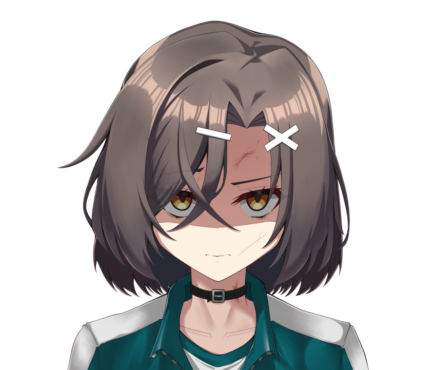 1girl absurdres alpha_transparency alternate_hair_length alternate_hairstyle belt_collar biting_own_lip brown_eyes brown_hair christina_brecht collar collarbone commentary counter:side furrowed_brow green_track_suit hair_ornament hairclip highres looking_at_viewer medium_hair parted_bangs partially_shaded_face portrait scar simple_background solo straight-on track_suit transparent_background upper_body wbs x_hair_ornament