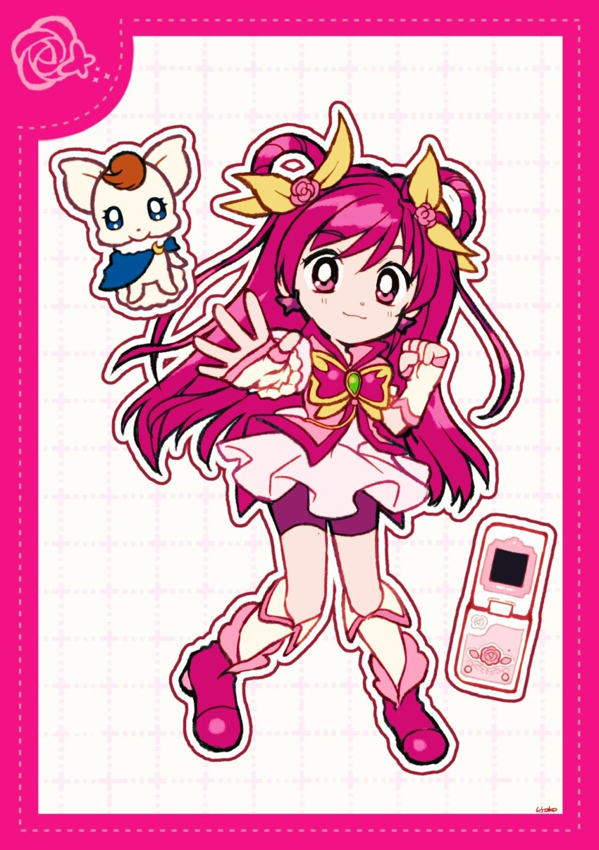 1girl animal_print boots border bow bowtie bright_pupils butterfly_earrings butterfly_print cellphone clenched_hand coattails coco_(yes!_precure_5) collared_socks collared_vest cure_dream deformed dotted_line dress earrings flip_phone flower frilled_sleeves frills full_body green_brooch grid_background hair_bow hair_flower hair_ornament hair_rings happy high_collar high_heel_boots high_heels highres jewelry kneehighs long_hair looking_at_viewer magical_girl outline outstretched_arm phone pink_boots pink_border pink_bow pink_bowtie pink_eyes pink_flower pink_hair pink_rose pink_vest pleated_dress precure puffy_short_sleeves puffy_sleeves purple_shorts rose short_dress short_sleeves shorts shorts_under_dress signature socks standing swept_bangs tareme uwded_207 very_long_hair vest white_arm_warmers white_background white_dress white_outline white_pupils white_socks yellow_bow yes!_precure_5 yes!_precure_5_gogo! yumehara_nozomi