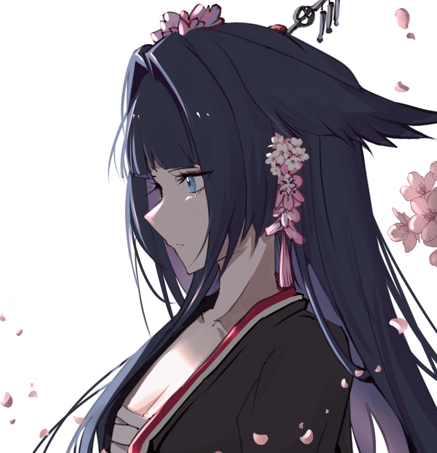 1girl animal_ears arknights black_hair black_shirt blue_eyes breasts chest_sarashi cleavage closed_mouth commentary falling_petals flower hair_flower hair_ornament highres long_hair looking_ahead mio_(arknights) open_clothes open_shirt petals pink_flower portrait profile sarashi shirt small_breasts solo vzaaaaaaa white_flower