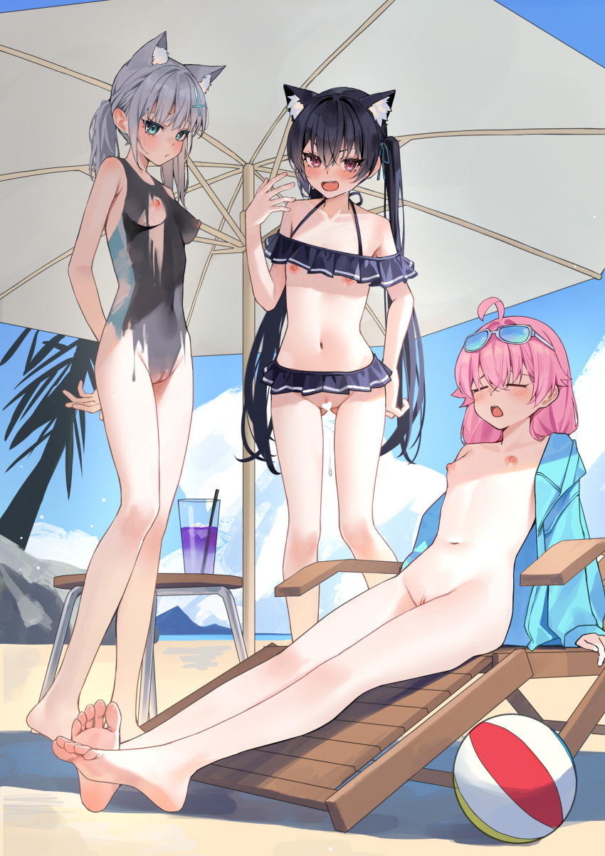 3girls absurdres ahoge animal_ear_fluff animal_ears arm_support arms_behind_back ball bare_arms bare_legs bare_shoulders barefoot beach beach_chair beach_umbrella beachball bikini bikini_slip black_bikini black_hair blue_archive blue_eyes blue_hair blue_halo blue_jacket blush bodypaint breasts breasts_out cat_ears cat_girl censored cleft_of_venus cliff clitoral_hood closed_eyes closed_mouth clothed_female_nude_female cloud cross_hair_ornament cup day drink drinking_glass drinking_straw exhibitionism extra_ears eyewear_on_head fang feet feet_out_of_frame female_focus flat_chest frilled_bikini frills full_body functionally_nude gluteal_fold grey_hair hair_between_eyes hair_ornament hair_tie halo halterneck hand_on_own_hip hand_up heart heart_censor highres horizon hoshino_(blue_archive) hoshino_(swimsuit)_(blue_archive) ice ice_cube jacket jacket_on_shoulders long_hair long_sleeves long_twintails looking_at_viewer matching_hair/eyes medium_breasts medium_hair multiple_girls naked_paint navel nervous nipples no_panties nude nude_beach ocean official_alternate_costume open_clothes open_jacket open_mouth outdoors painted_clothes parasol pink_hair pink_halo public_indecency purple_eyes pussy pussy_juice pussy_juice_trail red_eyes sand serika_(blue_archive) serika_(swimsuit)_(blue_archive) shadow shiroko_(blue_archive) shiroko_(swimsuit)_(blue_archive) shore short_hair sky small_breasts soles standing string_bikini sunglasses sunglasses_on_head sweatdrop swimsuit swimsuit_skirt swimsuit_tug table thigh_gap toes tree tsurime twintails umbrella unworn_eyewear very_long_hair water white_umbrella wolf_ears xiao_lin_jiu