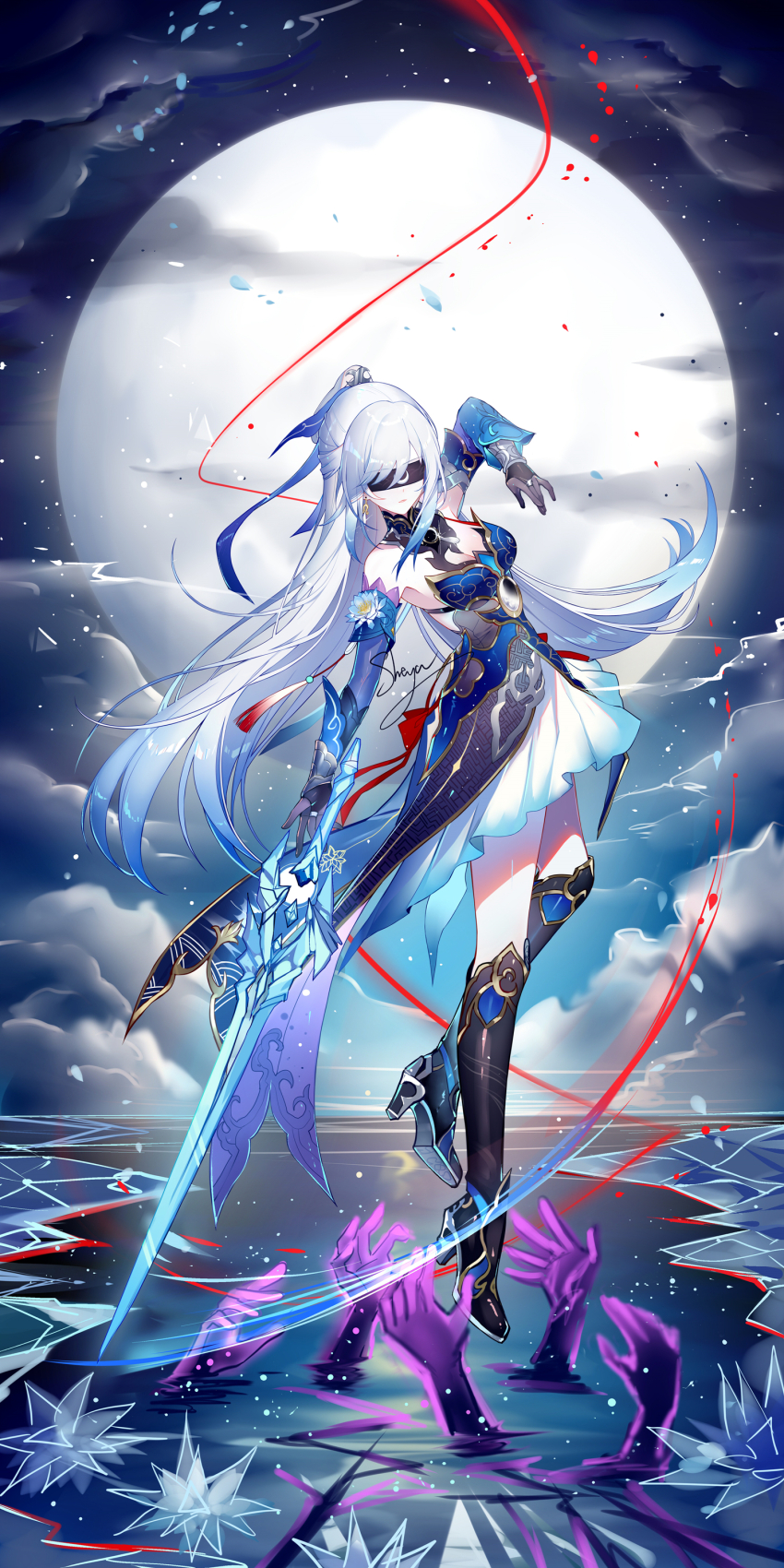 1girl absurdres artist_name bare_shoulders black_blindfold black_boots blindfold blue_dress blue_gloves boots breasts chinese_clothes chinese_commentary cleavage commentary_request crystal_sword dress elbow_gloves full_body full_moon gloves high_heel_boots high_heels highres holding holding_sword holding_weapon honkai:_star_rail honkai_(series) jingliu_(honkai:_star_rail) long_hair medium_breasts moon night night_sky purple_hands sheya sky solo sword thighs weapon white_hair