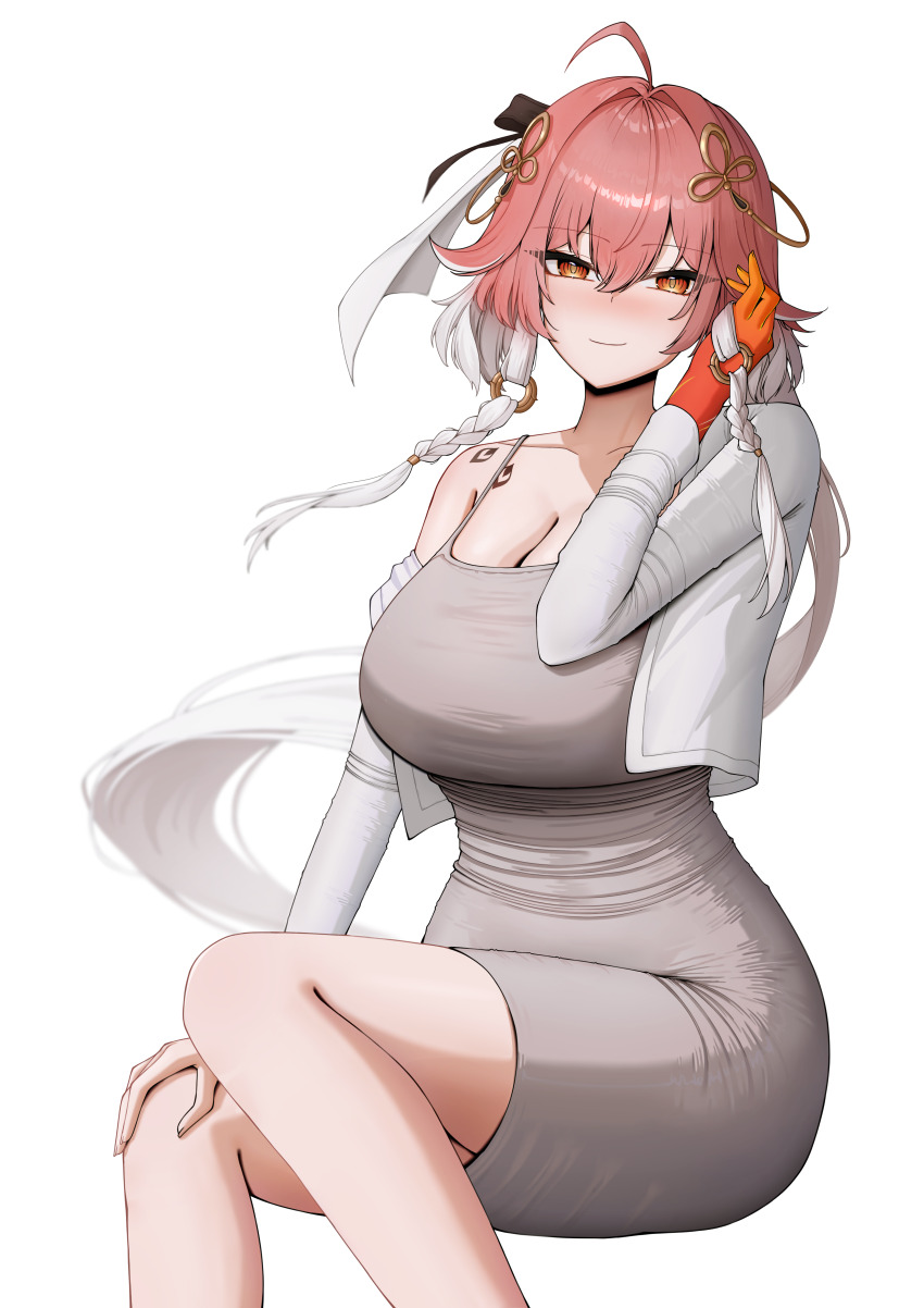 1girl absurdres ahoge alternate_costume bare_shoulders blush body_markings braid breasts changli_(wuthering_waves) cleavage closed_mouth collarbone colored_extremities commentary dongtan_dress dress feet_out_of_frame grey_dress hair_extensions hair_intakes hair_ornament hand_on_own_knee hand_up highres large_breasts long_hair looking_at_viewer meme_attire mollra multicolored_hair orange_eyes pink_hair red_hands ring_hair_extensions simple_background smile solo taut_clothes taut_dress twin_braids two-tone_hair very_long_hair white_background white_hair wuthering_waves