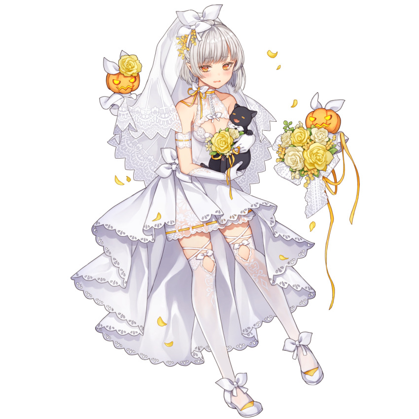 1girl 3others alternate_costume alternate_hairstyle animal armband artist_request black_cat blush bob_cut bouquet bow bow_legwear cat choker cleavage_cutout closed_mouth clothing_cutout collarbone cross cross-laced_straps cross_print dress fangs final_gear floral_print floral_print_skirt flower footwear_ribbon full_body gloves glowing glowing_eyes glowing_mouth grey_eyebrows grey_hair hair_bow hair_flower hair_ornament high_ponytail highres holding holding_animal holding_bouquet holding_cat holding_ribbon holding_veil lace lace-trimmed_collar lace-trimmed_skirt lace_trim multiple_others multiple_thigh_straps official_alternate_costume official_alternate_hairstyle official_art open_mouth pointy_ears ponytail print_skirt pumpkin pumpkin_print ribbon ribbon-trimmed_armband ribbon-trimmed_skirt ribbon_choker ribbon_trim rose see-through_clothes see-through_shirt see-through_thighhighs see-through_veil shirt short_hair short_ponytail simple_background skin_fangs skirt solo_focus sura_(final_gear) sweatdrop tachi-e thigh_strap thighhighs third-party_source tongue transparent_background veil wedding_dress white_armband white_bow white_footwear white_gloves white_ribbon white_skirt white_thighhighs yellow_eyes yellow_flower yellow_petals yellow_ribbon yellow_rose