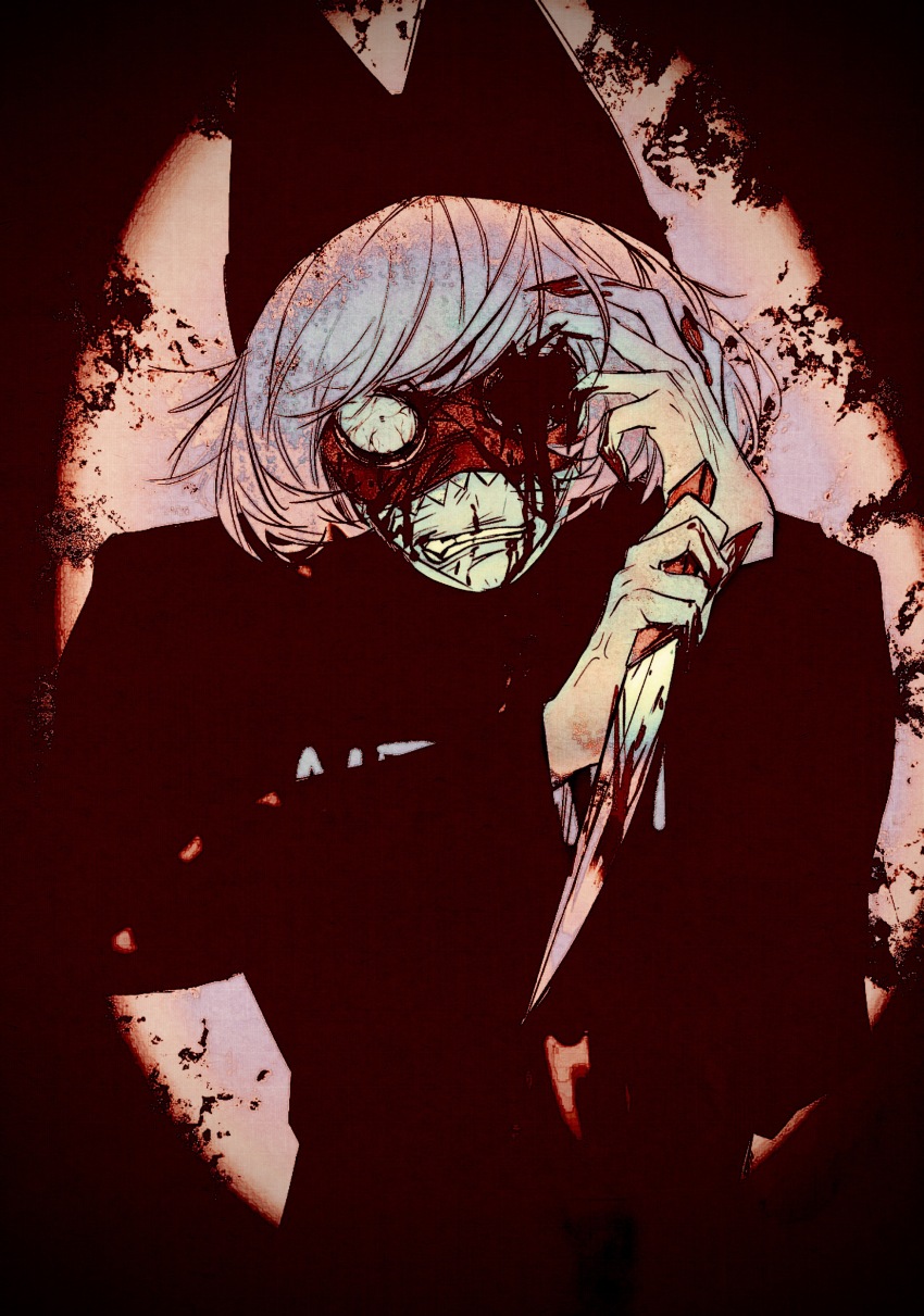 1boy absurdres animal_hat bleeding blood blood_on_face blood_on_hands bloodshot_eyes bloody_knife bloody_weapon cat_hat clenched_teeth eye_mask facial_mark fingernails hand_up hat highres holding holding_knife imnotrlup knife looking_at_viewer male_focus missing_eye nyen_(randal&#039;s_friends) pink_background pink_hair randal&#039;s_friends sharp_fingernails short_hair solo teeth upper_body weapon whisker_markings