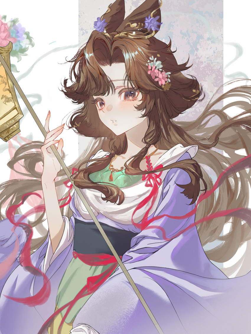 1girl absurdres black_eyes brown_hair floating_hair flower grey_background hair_bun hair_ornament hand_up highres holding holding_lantern jiu_niangzi jiu_niangzi_(blossom_spring_fairy) jiusheng_(huaichuan) lantern long_hair looking_at_viewer official_alternate_costume parted_bangs parted_lips pink_flower purple_flower purple_hanfu reverse:1999 solo two-tone_background upper_body very_long_hair white_background wide_sleeves