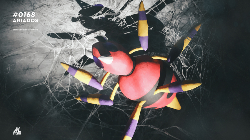 3d animal_focus ariados artist_name bug celebi350300687 character_name cinema_4d_(medium) gen_2_pokemon highres horns mandibles nintendo no_humans on_ceiling pokedex_number pokemon pokemon_(creature) pokemon_focus purple_eyes shadow silk single_horn solo spider spider_web