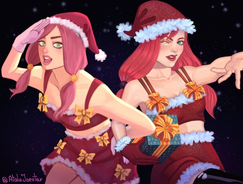 2girls alternate_costume atalajoestar bare_shoulders bow box breasts christmas collarbone commentary dual_persona english_commentary fur-trimmed_headwear fur-trimmed_skirt fur_trim gift gift_box gloves green_eyes hat highres hirose_yasuho holding holding_box holding_gift jojo_no_kimyou_na_bouken jojolion long_hair looking_at_viewer midriff miniskirt multiple_girls one_eye_closed open_mouth pink_gloves pink_hair red_gloves red_hair red_hat red_lips red_skirt salute santa_costume santa_hat single_glove skirt small_breasts smile snowing teeth thighhighs twintails white_fur yellow_bow