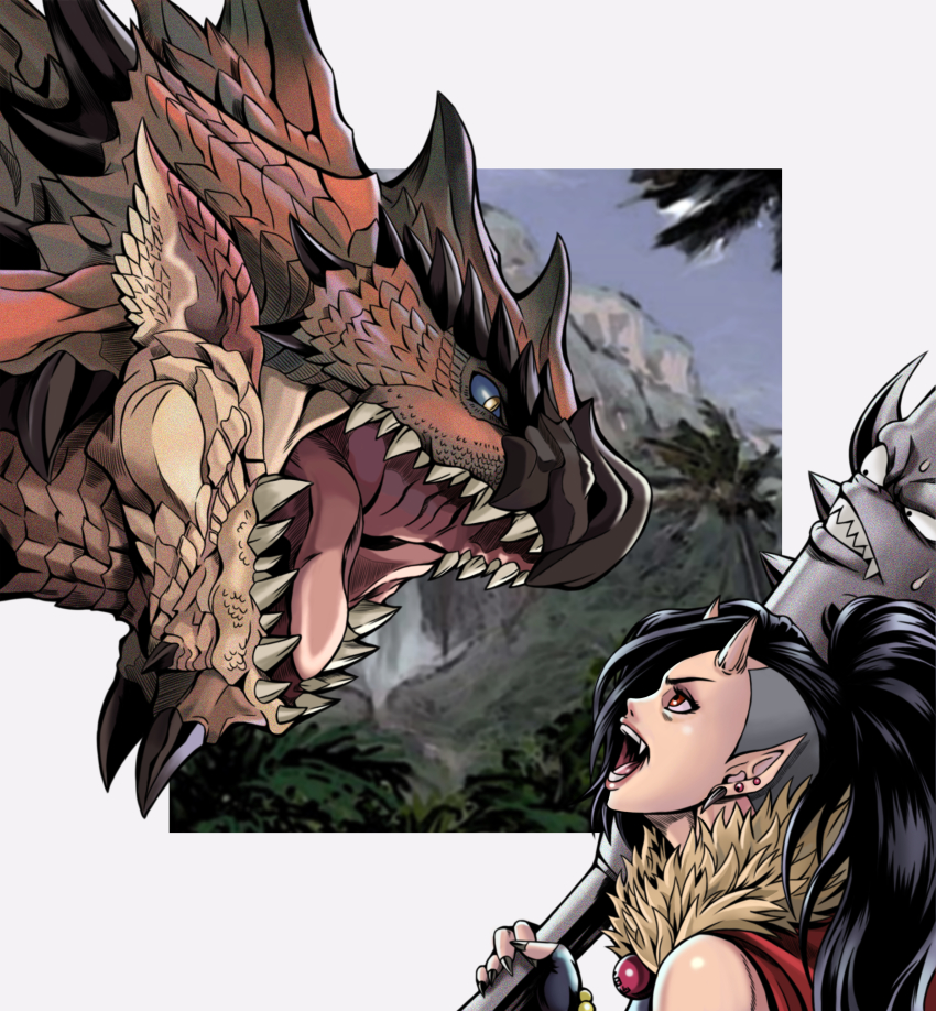 1girl 1other absurdres black_gloves black_hair black_nails blue_sclera club club_(weapon) colored_sclera commentary_request crossover dragon earrings faceoff fang fingerless_gloves fingernails gloves highres horns huge_filesize huge_weapon jewelry lips living_weapon long_hair monster_hunter_(series) nail_polish oni oni_horns oni_nee-san_(to-ru) open_mouth original over_shoulder ponytail rathalos red_eyes scales sharp_fingernails sharp_teeth size_difference slit_pupils spiked_club sweatdrop teeth to-ru undercut weapon weapon_over_shoulder yellow_eyes