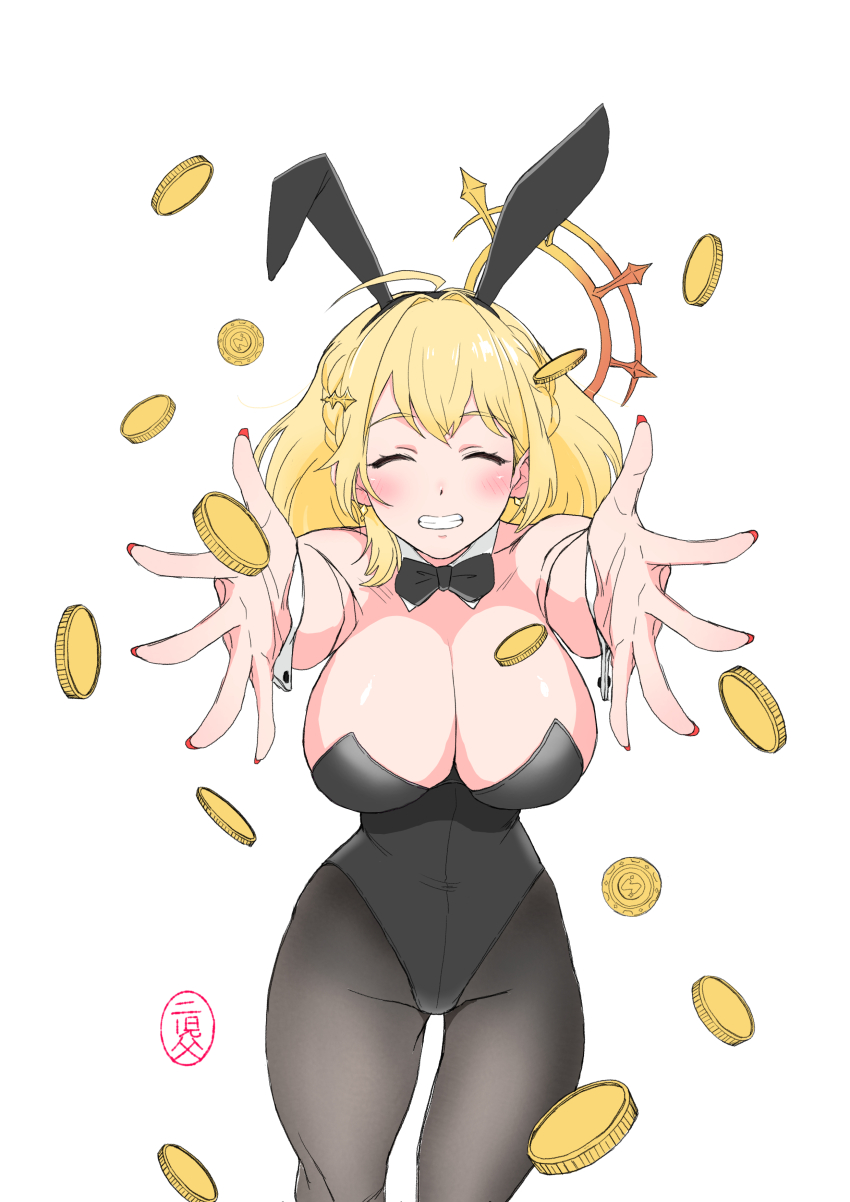 1girl absurdres ahoge alternate_costume animal_ears blonde_hair breasts cleavage closed_eyes coin commentary_request detached_collar fake_animal_ears feet_out_of_frame grin hair_intakes halo highres hinata_mashu large_breasts leotard medium_hair n1jichich1 nanashi_inc. orange_halo playboy_bunny rabbit_ears reaching reaching_towards_viewer simple_background smile solo strapless strapless_leotard virtual_youtuber white_background wrist_cuffs