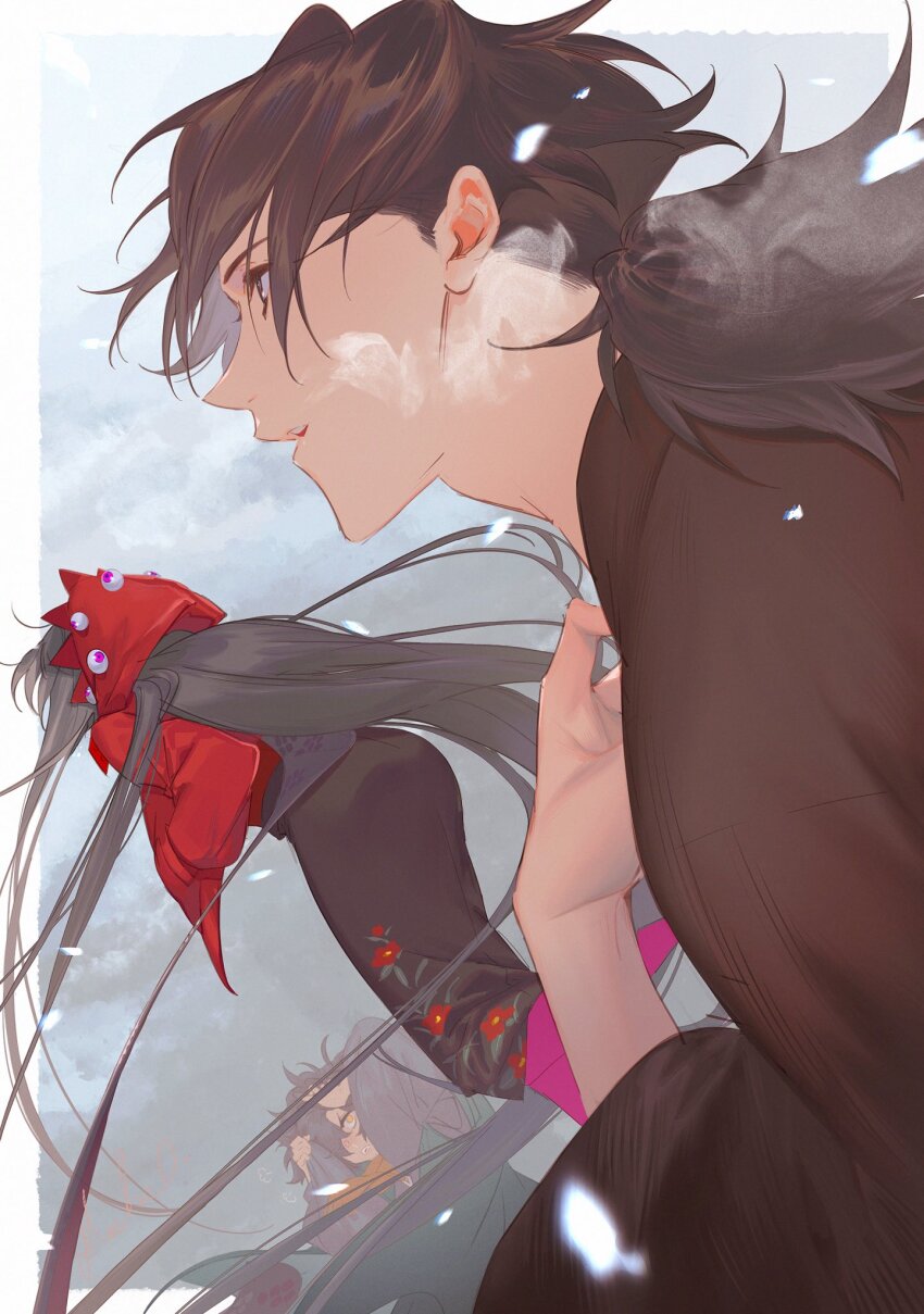 1girl 2boys black_hair border breath falling_petals fate/grand_order fate_(series) floating grey_background grey_sky highres jacket japanese_clothes long_hair long_sleeves midair multiple_boys okada_izou_(fate) open_mouth oryou_(fate) petals ponytail profile sakamoto_ryouma_(fate) sky white_border yellow_eyes ziege113