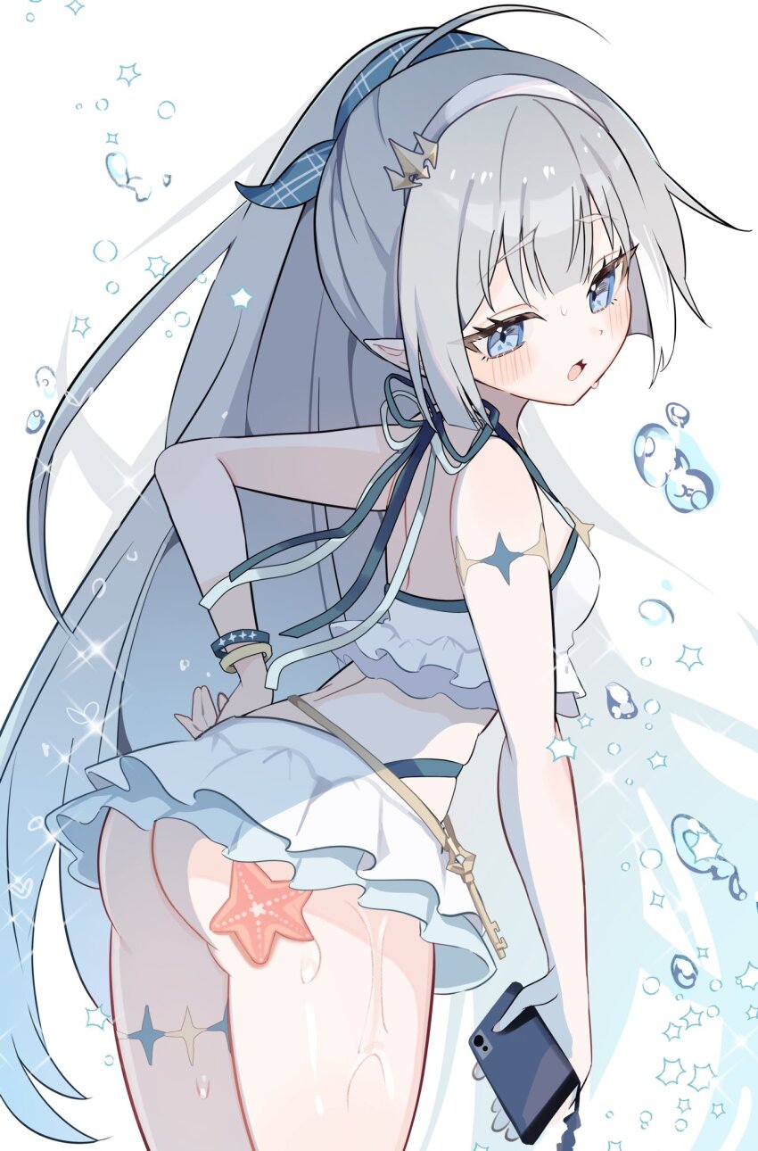 1girl ass bikini blue_eyes breasts female_tyrant_(stella_sora) grey_hair highres long_hair phone pointy_ears small_breasts solo stella_sora swimsuit tyrant_(stella_sora) utakapen