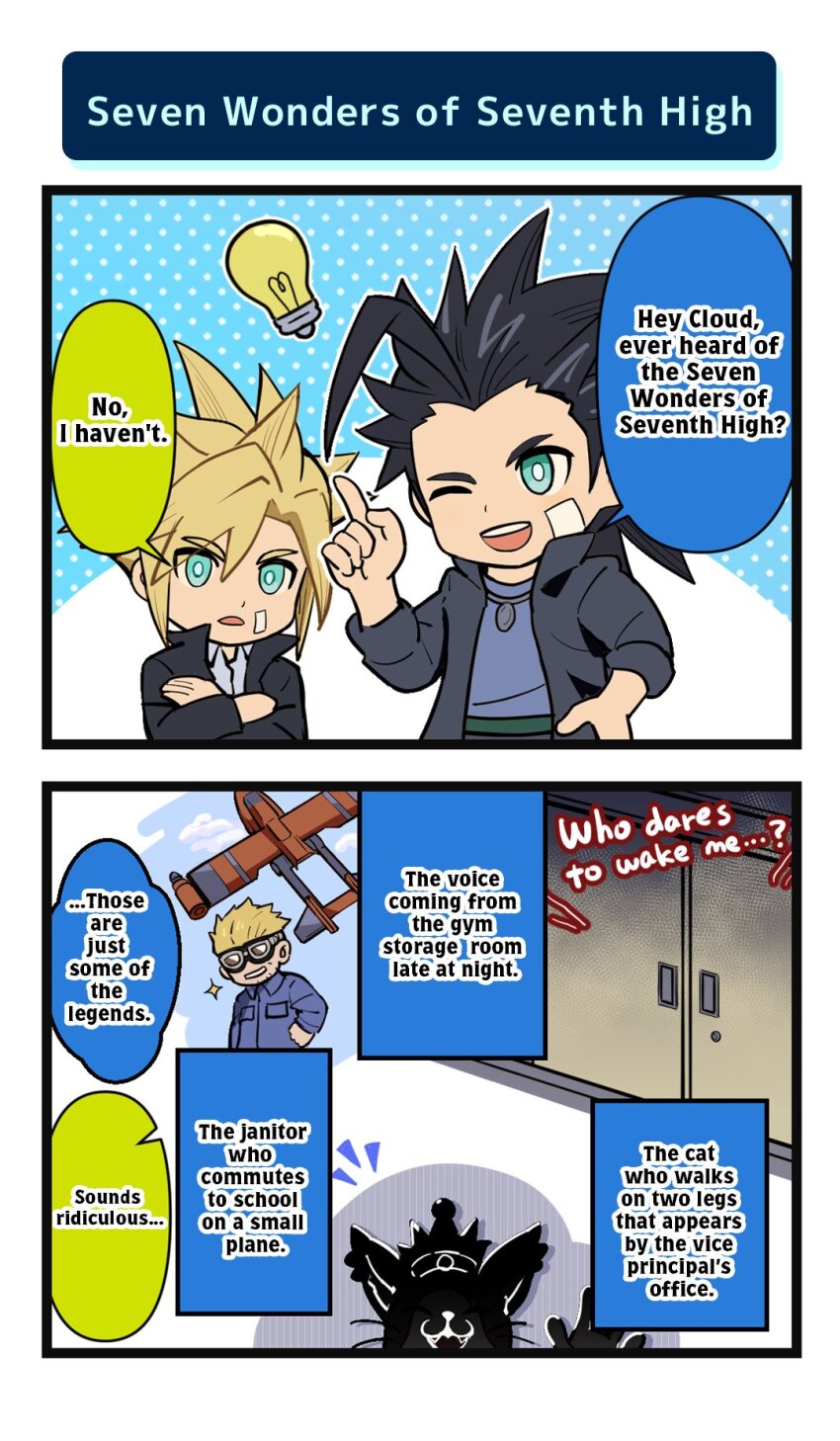 3boys aircraft airship bandaid bandaid_on_cheek bandaid_on_face black_hair blonde_hair blue_eyes blue_skirt cait_sith_(final_fantasy) cat cid_highwind cloud_strife cloud_strife_(midgard_seventh_high_school) commentary crossed_arms english_commentary english_text final_fantasy final_fantasy_vii final_fantasy_vii_ever_crisis gakuran goggles green_eyes highres index_finger_raised jacket jewelry long_sleeves male_focus multiple_boys necklace official_alternate_costume official_art one_eye_closed open_clothes open_jacket school_uniform skirt sparkle spiked_hair upper_body vincent_valentine zack_fair zack_fair_(midgard_seventh_high_school)