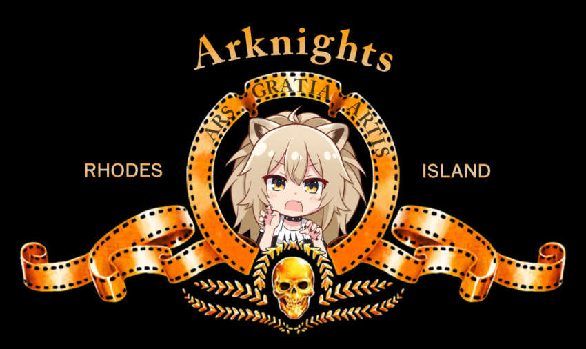 1girl ahoge animal_ears arknights black_background black_choker black_nails blush brown_hair chibi choker claw_pose commentary_request d: fang hair_between_eyes hands_up kitara_koichi lion_ears long_hair looking_at_viewer metro-goldwyn-mayer nail_polish open_mouth parody siege_(arknights) simple_background skin_fang skull solo upper_body yellow_eyes