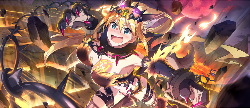 1girl animal_ear_fluff animal_ears animal_hands belt blonde_hair blue_eyes blush bracelet breast_tattoo breasts bustier chain circlet cleavage collar darkness_(konosuba) debris fur-trimmed_panties fur_trim furrowed_brow game_cg hair_between_eyes highres incoming_attack jewelry kemonomimi_mode kono_subarashii_sekai_ni_shukufuku_wo! konosuba!_fantastic_days large_breasts lava long_hair looking_at_viewer metal_collar moon multiple_belts navel nose_blush official_alternate_costume official_art open_mouth panties ponytail red_moon sidelocks solo spiked_bracelet spiked_collar spikes tail tattoo thigh_belt thigh_strap underwear very_long_hair wavy_mouth