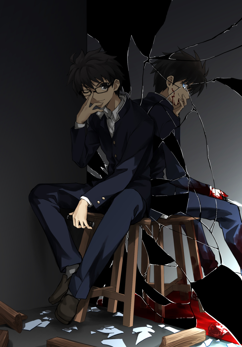 2boys adjusting_eyewear ahoge back-to-back black-framed_eyewear black_background black_eyes black_hair black_shoes blood blood_on_face blood_on_hands blue_eyes blue_jacket blue_pants broken_mirror chiizu_ore closed_mouth collared_shirt commentary_request dark_persona different_reflection dual_persona evil_smile glasses highres holding holding_knife holding_weapon jacket knife long_sleeves looking_at_viewer male_focus mirror multiple_boys mystic_eyes_of_death_perception nanatsu-yoru nanaya_shiki one_eye_closed pants reflection school_uniform shirt shoes short_hair sitting smile souya_high_school_uniform tohno_shiki tsukihime tsukihime_(remake) weapon white_shirt