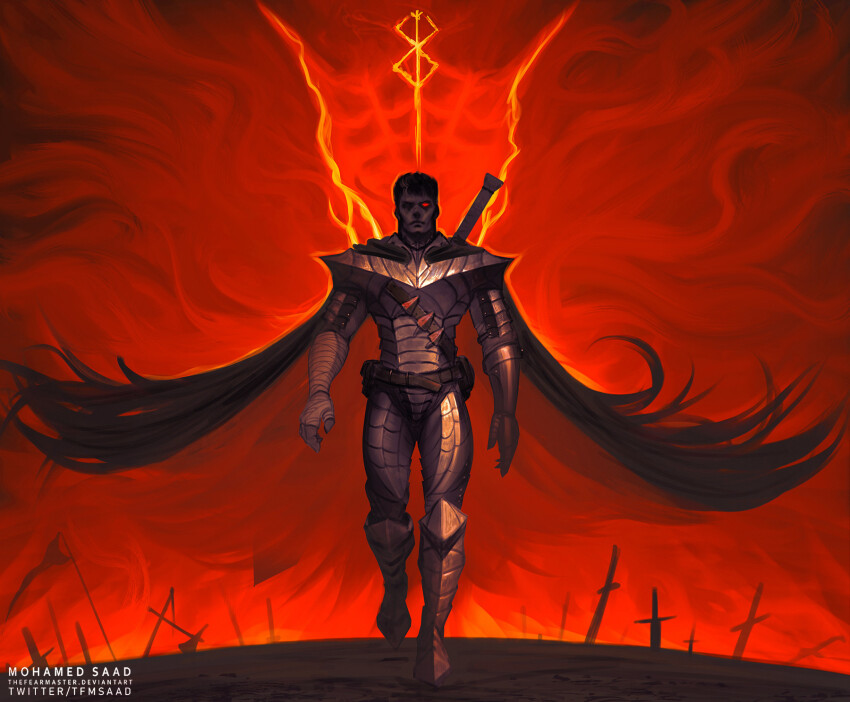 1boy amputee armor artist_name axe banner beast_of_darkness_(berserk) berserk berserker_armor black_armor breastplate cape cloak curse curse_seal deviantart_username dragonslayer_(sword) field_of_blades full_armor greaves guts_(berserk) highres one-eyed pauldrons red_background red_eyes shoulder_armor solo sword thefearmaster twitter_username vambraces watermark weapon web_address