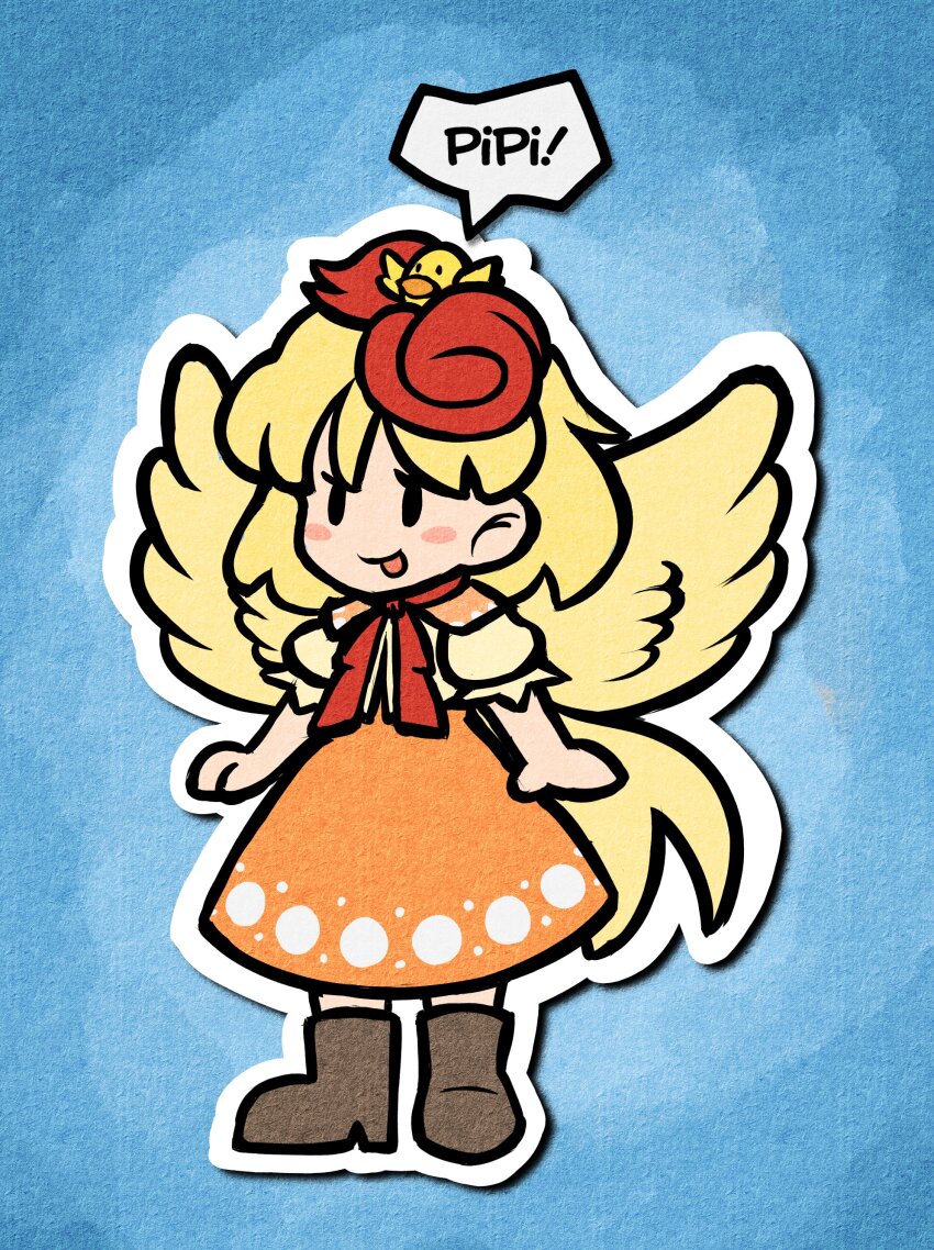 1girl absurdres animal animal_on_head bird bird_on_head bird_tail bird_wings blonde_hair boots brown_boots chick dress feathered_wings highres mcsquiddies multicolored_hair neckerchief niwatari_kutaka on_head orange_dress red_hair red_neckerchief shirt solo tail touhou two-tone_hair white_shirt wings yellow_wings