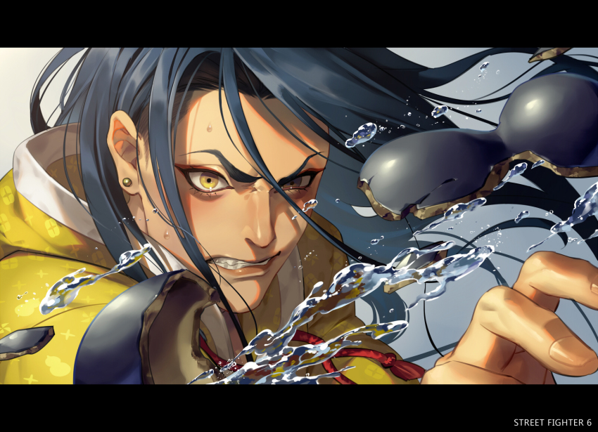 1boy arm_up black_hair broken clenched_teeth commentary_request dark-skinned_male dark_skin drawstring ear_piercing earrings eyeliner gourd hair_down highres jacket jamie_siu jewelry letterboxed liquid long_hair makeup male_focus open_mouth patterned_clothing piercing red_eyeliner solo street_fighter street_fighter_6 stud_earrings talgi teeth very_long_hair white_trim yellow_eyes yellow_jacket