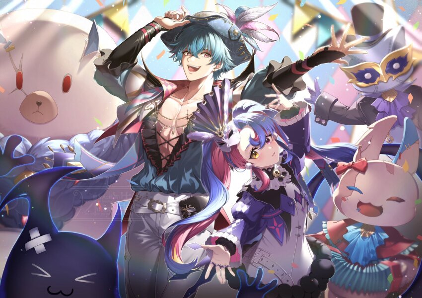 1boy 1girl :d black_collar blue_hair blue_shirt brant_(wuthering_waves) collar commentary_request confetti cowboy_shot dress eye_mask fur-trimmed_dress fur_trim hat heterochromia highres key_hair_ornament looking_at_viewer mask mask_on_head multicolored_hair not_tatenaname open_clothes open_mouth open_shirt pants pero_(wuthering_waves) pink_eyes pink_hair purple_hair roccia_(wuthering_waves) shirt short_hair smile symbol-shaped_pupils tacet_discord_(wuthering_waves) tacet_mark_(wuthering_waves) tricorne twintails two-tone_hair white_dress white_pants wuthering_waves x-shaped_pupils yellow_eyes