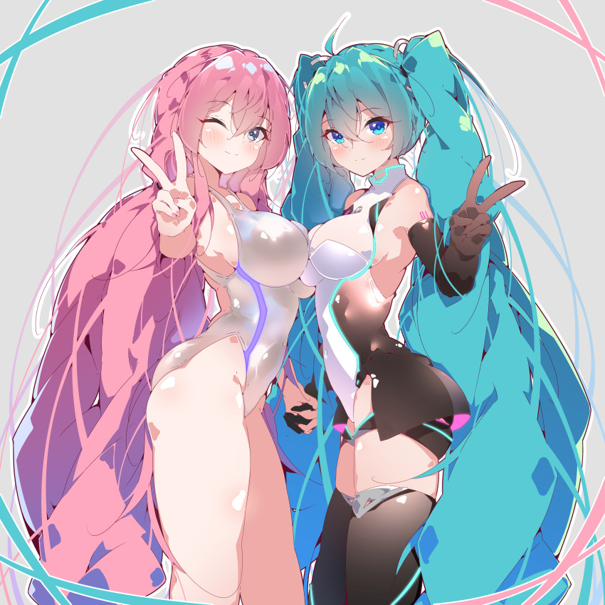 2girls absurdres aqua_hair arm_tattoo black_gloves black_thighhighs blue_eyes blush breast_press female_focus gloves grey_background halkawa501 hatsune_miku hatsune_miku_(append) highres holding_hands interlocked_fingers leotard long_hair megurine_luka multiple_girls number_tattoo one-piece_swimsuit one_eye_closed pink_nails project_diva project_diva_(series) swimsuit tattoo thighhighs twintails v vocaloid vocaloid_append white_leotard wink yuri