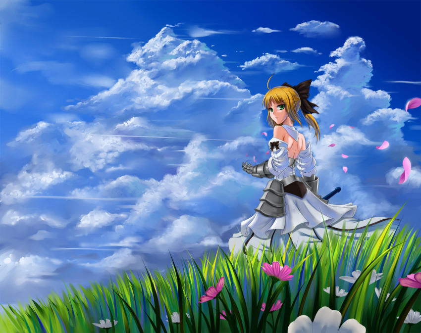1girl ahoge armor armored_dress artoria_pendragon_(fate) bare_shoulders blonde_hair bow capcom cloud day detached_sleeves dress fate/stay_night fate/unlimited_codes fate_(series) female_focus flower gauntlets grass green_eyes hair_ribbon petals ponytail ribbon saber_(fate) saber_lily sky solo type-moon windtalker