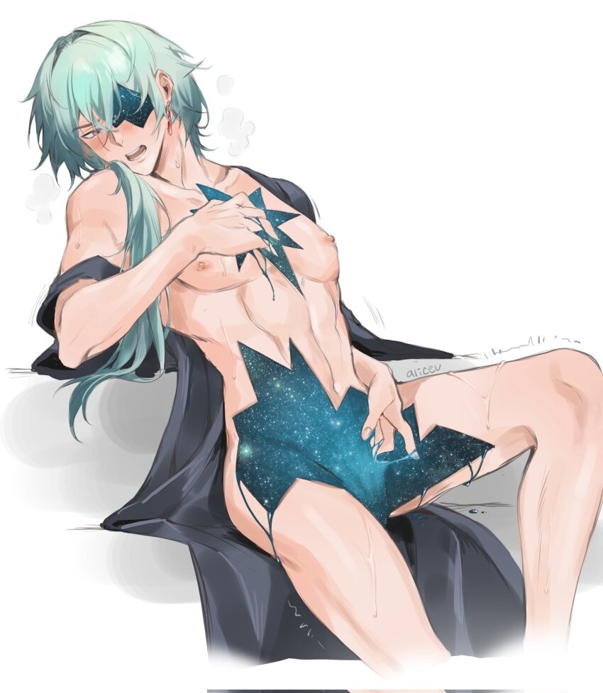 1boy abs after_fingering alicevseliet anaxa_(honkai:_star_rail) black_robe blue_hair blush breath cuntboy earrings feet_out_of_frame hand_on_own_hip highres honkai:_star_rail honkai_(series) jewelry leaning_back long_hair male_focus missing_eye motion_lines nipples open_mouth pectorals piercing pussy_juice robe side_ponytail simple_background single_bare_shoulder solo spread_legs sweat teeth trembling white_background