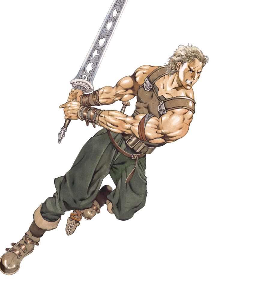 1boy biceps blonde_hair boots cross_scar fire_emblem fire_emblem:_new_mystery_of_the_emblem fire_emblem:_shadow_dragon full_body green_pants highres holding holding_sword holding_weapon male_focus mature_male muscular muscular_male nintendo official_art ogma_(fire_emblem) pants scar scar_across_eye scar_on_face sword third-party_source weapon yamada_akihiro
