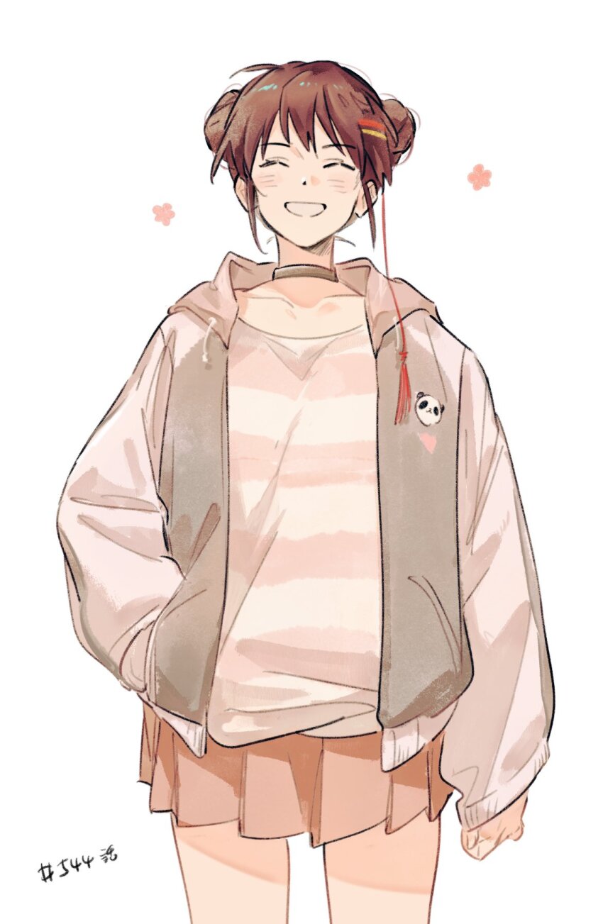 1girl animal_print axis_powers_hetalia bear_print black_choker blush brown_hair china_(female)_(hetalia) china_(hetalia) choker clenched_hand closed_eyes collarbone cowboy_shot double_bun flower genderswap genderswap_(mtf) green_jacket hair_bun hair_ornament hairpin hand_in_pocket heart heart_print highres hood hooded_jacket jacket letterman_jacket long_sleeves miniskirt open_clothes open_jacket panda_print pink_flower pink_skirt pleated_skirt puffy_long_sleeves puffy_sleeves shirt short_hair sidelocks simple_background skirt smile solo standing striped_clothes striped_shirt t-shirt tassel tassel_hair_ornament tea_(candyfoxx) teeth white_background white_shirt