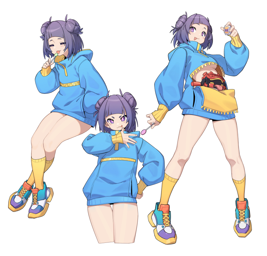 1girl :p absurdres adk-em bandai bandai_namco blue_hoodie blunt_bangs breasts candy closed_eyes double_bun food full_body gochizou goz-zz hair_bun hand_in_pocket henshin_belt_gavv highres holding holding_candy holding_food holding_lollipop hood hoodie inoue_shouma ishimori_prod kamen_rider kamen_rider_gavv_(series) lollipop long_sleeves looking_at_viewer multiple_views poppin_gummy_gochizou purple_eyes purple_hair rider-tan rider_belt shoes short_hair shorts shouma_(kamen_rider_gavv) shouma_stomach simple_background smile sneakers socks toei_company tokusatsu tongue tongue_out tv_asahi underboob white_background yellow_socks