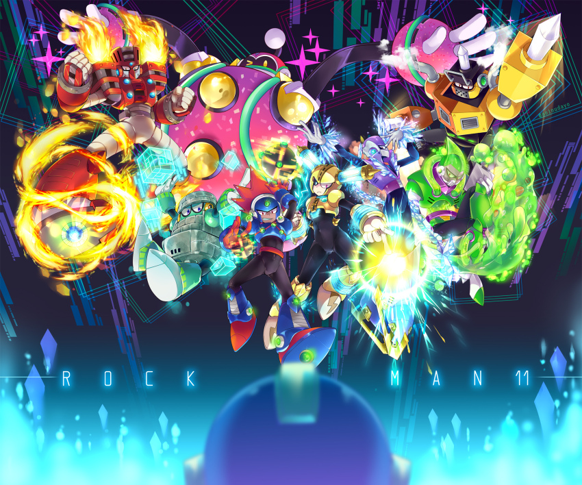 6+boys acid acid_man android aoinudayo arm_cannon arm_up armcannon armor arms_up asymmetrical_eyes belt black_armor black_bodysuit black_eyes black_headwear black_sclera blast_man block_(object) block_man blocks blue_armor blue_eyes blue_headwear blush bodysuit bomb bounce_man braid breastplate capcom powering_up powering_up clenched_hands clipboard closed_mouth colored_sclera commentary_request confetti covered_navel crossed_legs crystal crystal_hair drill dust dust_cloud elastic electricity everyone evil_smile explosive face_mask fire fire forehead_jewel frost frown full_body fuse fuse_man gloves green_armor green_headwear green_liquid grey_armor grey_bodysuit grey_headwear hands_up helmet highres holding holding_bomb holding_clipboard holding_weapon ice ice_skates impact_man in_air joints kicking light_particles liquid long_hair looking_down male_focus mask mega_man_(character) mega_man_(classic) mega_man_(series) mega_man_11 midair mouth_mask multicolored_armor multiple_boys no_hands no_mouth one_eye_closed orange_armor outstretched_arm particles pointing pointing_down ponytail purple_armor purple_eyes purple_headwear red_armor red_belt red_eyes red_gloves robot robot_ears robot_joints rubber sharp_teeth shoulder_armor simple_background skates smile smoke sparkle tagme teeth torch torch_man transparent tundra_man vambraces very_long_hair weapon white_gloves wink yellow_armor yellow_eyes yellow_headwear