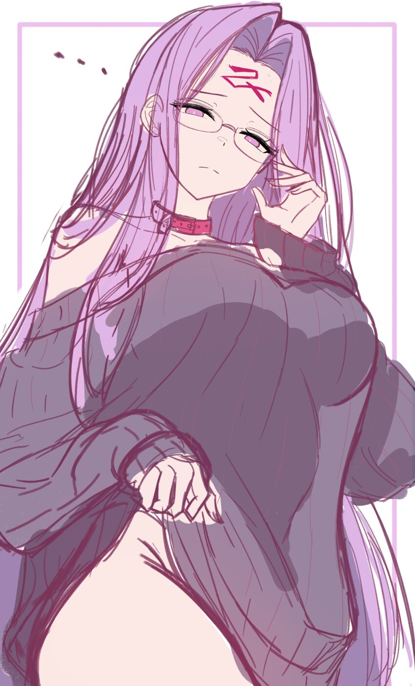 ... 0nineo9 1girl absurdres closed_mouth collar commentary english_commentary fate_(series) glasses highres long_hair looking_at_viewer medusa_(fate) medusa_(rider)_(fate) pink_eyes pink_hair shy solo sweater unfinished