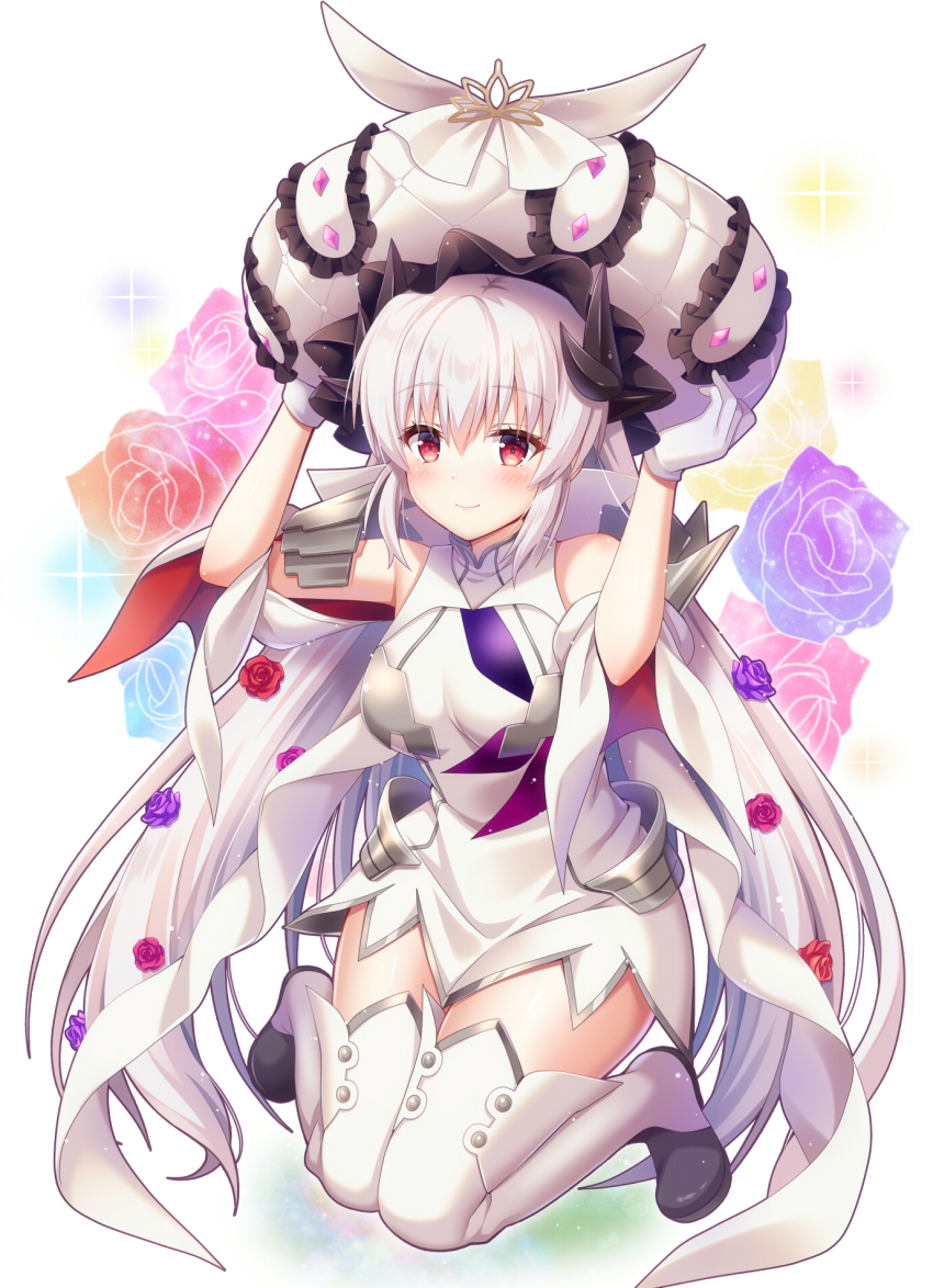 1girl breasts cosplay dragon_girl dragon_horns dress fate/grand_order fate_(series) frilled_hat frills gloves grey_hair hat highres horns kiyohime_(fate) kiyohime_(third_ascension)_(fate) large_breasts large_hat long_hair marie_antoinette_(fate) marie_antoinette_(fate)_(cosplay) marie_antoinette_(third_ascension)_(fate) multiple_horns red_eyes short_dress sleeveless sleeveless_dress solo suzumia_(daydream) taneda_risa thighhighs very_long_hair voice_actor_connection white_dress white_gloves white_hat white_thighhighs