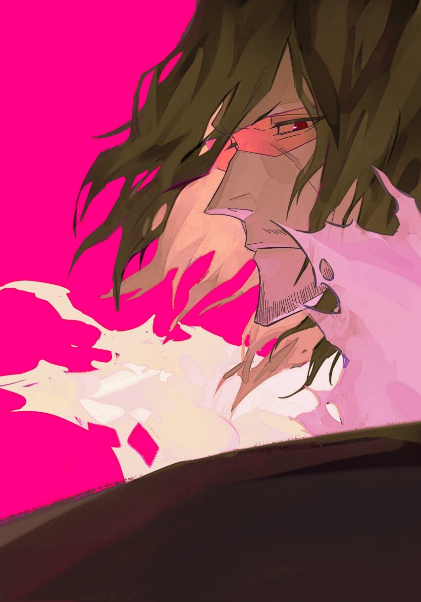 1boy bleach brown_hair facial_hair from_side glasses highres long_hair male_focus personification pink_background red_eyes solo sword weapon zangetsu_(bleach) zangjun