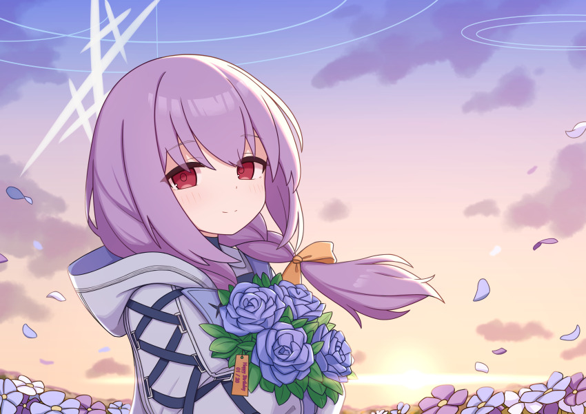 1girl absurdres atsuko_(blue_archive) blue_archive blue_flower blue_rose bow braid closed_mouth cloud cloudy_sky dawn falling_petals flower flower_pot hair_bow halo happy_birthday highres holding holding_flower_pot jacket long_hair looking_at_viewer orange_bow outdoors petals purple_hair red_eyes rose sky smile solo upper_body white_halo white_jacket wind zddma20