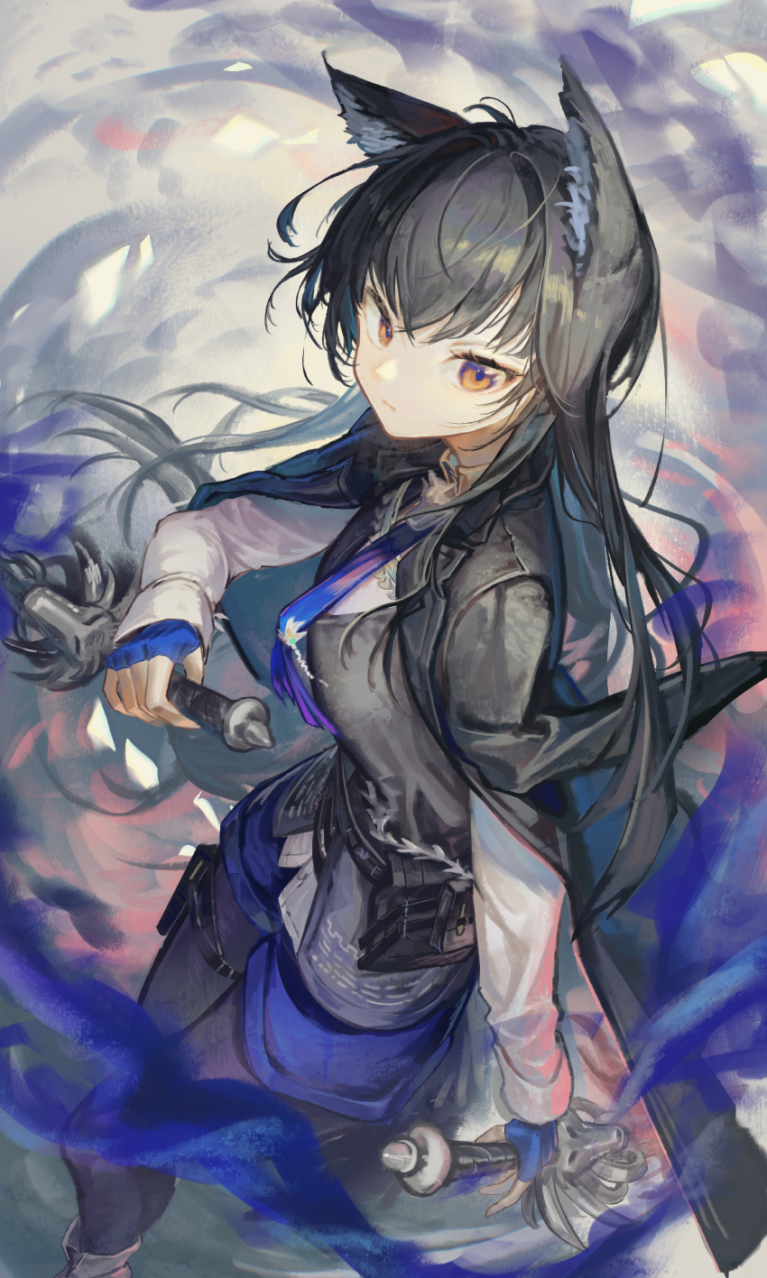 1girl absurdres animal_ear_fluff animal_ears arknights black_hair black_jacket black_pantyhose black_vest blue_fire blue_gloves blue_necktie blue_shorts breasts brown_eyes closed_mouth dual_wielding feet_out_of_frame fingerless_gloves fire gloves highres holding jacket jacket_on_shoulders long_hair long_sleeves looking_at_viewer medium_breasts mouth_hold natsuba002 necktie pantyhose pantyhose_under_shorts shirt shorts solo texas_(arknights) texas_the_omertosa_(arknights) very_long_hair vest white_shirt wolf_ears