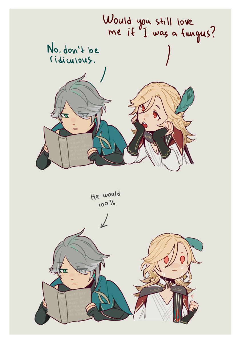 2boys absurdres ahoge alhaitham_(genshin_impact) arrow_(symbol) bare_shoulders black_gloves black_shirt blonde_hair blue_cape blue_hair blush book braid cape clenched_hand closed_mouth comic commentary crying crying_with_eyes_open earrings elbow_gloves english_commentary english_text eyes_visible_through_hair feather_hair_ornament feathers french_braid genshin_impact gloves gold_earrings grey_background grey_hair hair_between_eyes hair_ornament hair_over_one_eye hands_on_own_face hands_up highres holding holding_book jewelry kaveh_(genshin_impact) long_sleeves looking_at_another looking_to_the_side male_focus mandarin_collar medium_hair multicolored_hair multiple_boys open_book open_mouth portalmonsterrr puffy_long_sleeves puffy_sleeves reading red_cape red_eyes ring shirt short_hair simple_background sitting sleeveless sleeveless_shirt standing tears teeth tongue two-tone_hair upset white_shirt