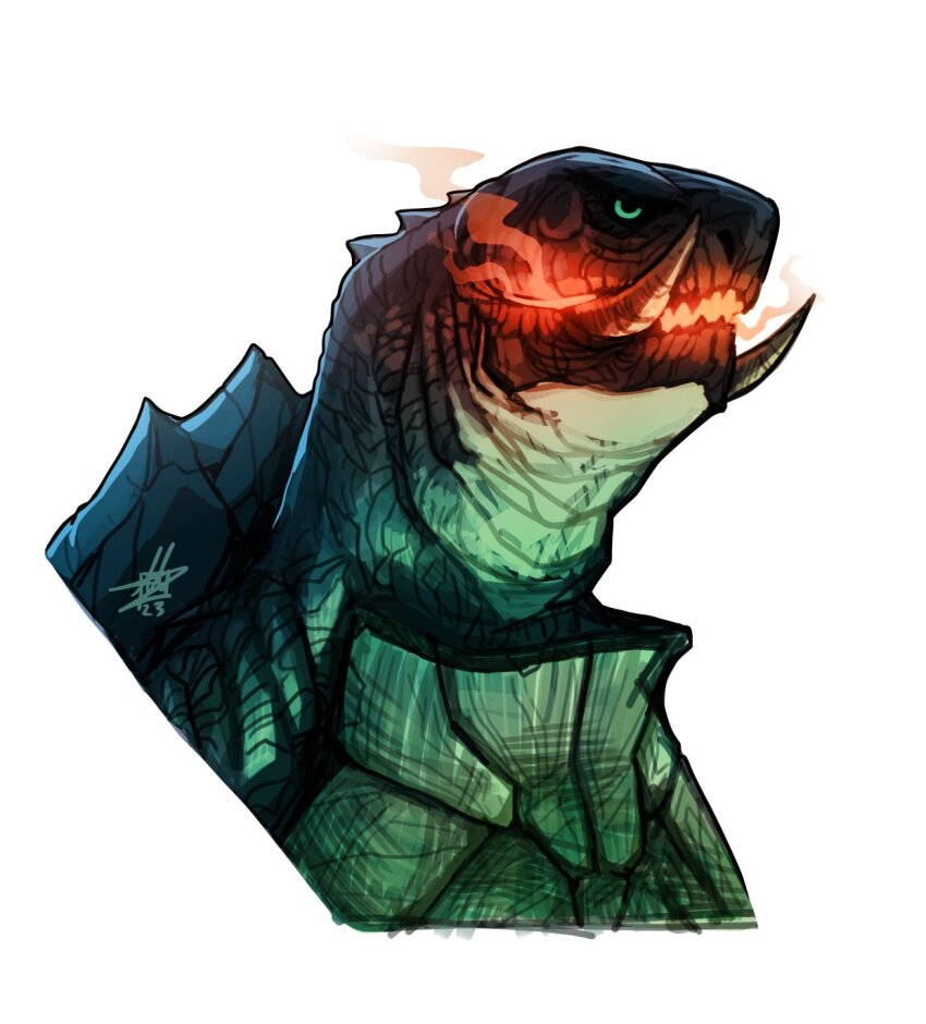 alex_alcanter black_sclera colored_sclera energy engi_(animation_studio) fire gamera gamera_(series) gamera_-rebirth- glowing glowing_eyes glowing_mouth green_eyes highres kadokawa kaiju no_humans open_mouth plasma sea_monster sharp_teeth shell smoke steam teeth turtle turtle_shell tusks