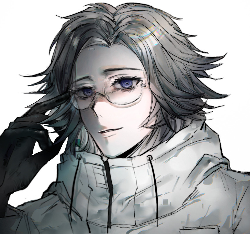 1boy adjusting_eyewear aotsuki_eito black_gloves blue_eyes chinese_commentary commentary_request curtained_hair drawstring eyelashes flipped_hair glasses gloves grey_hair high_collar highres jacket lisiqin92746 long_sleeves male_focus portrait short_hair simple_background solo the_hundred_line_-last_defense_academy- white_background white_jacket